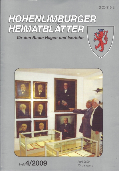 2009 04 Der verstorbene Archiv-Betreuer Gerd Becker erläutert einem Besucher die Portraits der Direktoren der Firma Hoesch in Hohenlimburg. Foto: W. Bleicher, 2008