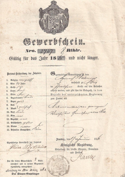 Gewerbeschein Heinrich Platenius