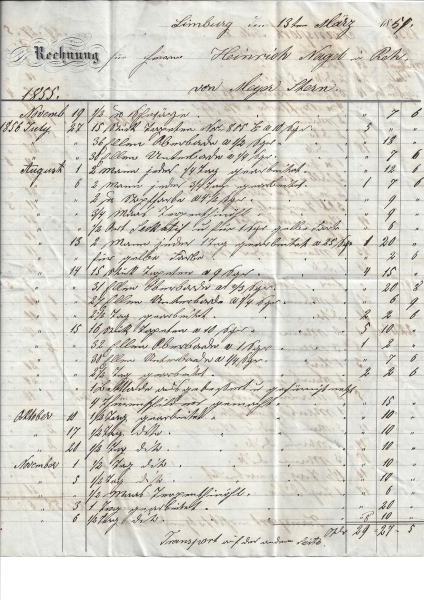 Rechnung Limburg vom 13. März 1858